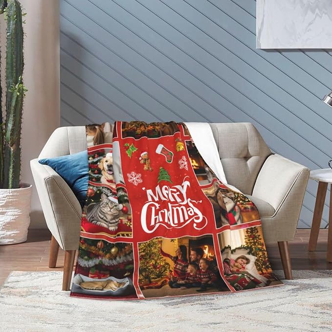 Nxwdwqa Personalized Christmas Dog Blanket Throws with Photos, Custom Christmas Pet Blanket, Dog Gifts for Pet Lovers, Customized Puppy Blanket for Adult Kid Birthday Fathers Mothers Valentines Gift