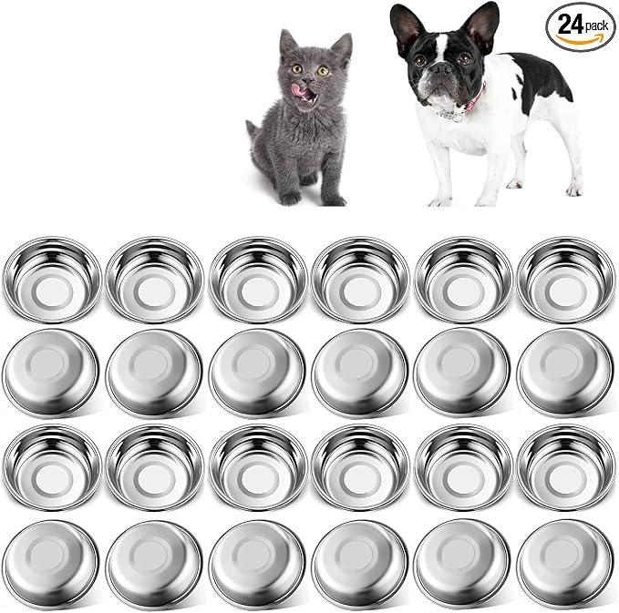 24 PCS Thickened Stainless Steel Cat Bowls, 5.5 Inch Shallow Wide Flat Metal Kitten Food Bowls, Whisker Friendly Fatigue Relief Replacement Basic Pet Dishes for Indoor Cats