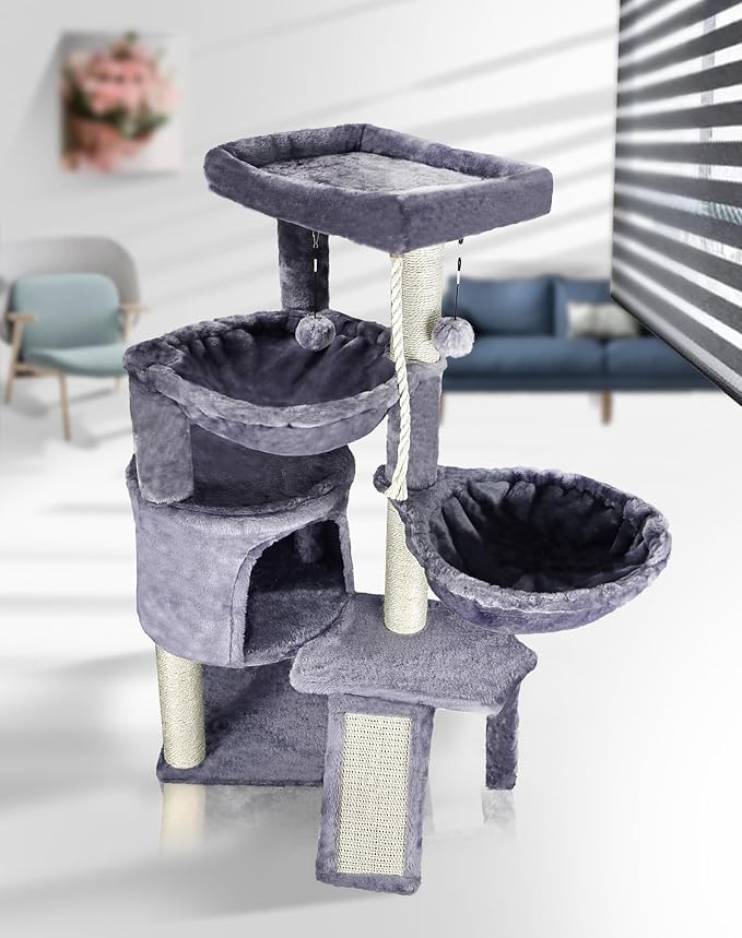 Three Layer Cat Tree with Cat Condo and Two Hammocks,Grey | 3-Tier Cat Tree,Scratch Pad ,Natural Sisal,Replaceable Hanging Balls,Sturdy Cat Furniture for Kitten&Adult Cat