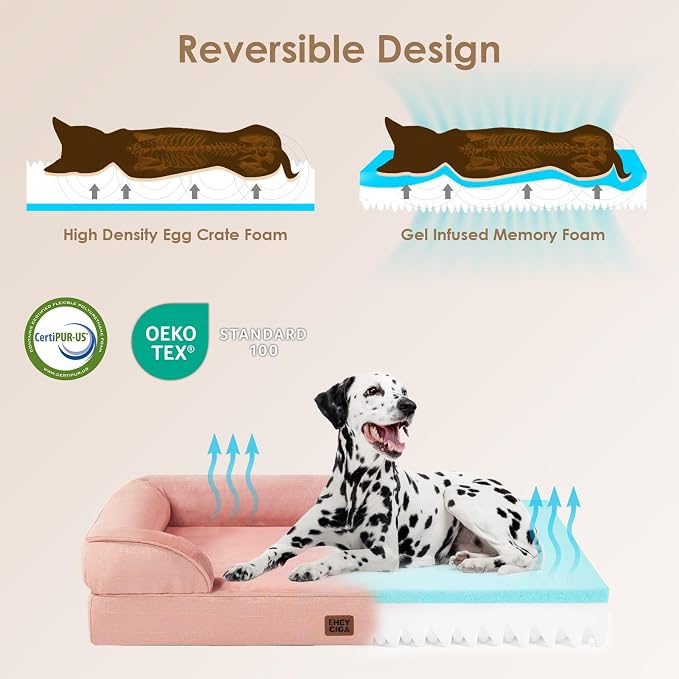 EHEYCIGA Orthopedic Dog Beds for Large Dogs, Waterproof Memory Foam Large Dog Bed with Sides, Non-Slip Bottom and Egg-Crate Foam Pet Couch Bed with Washable Removable Cover, Dusty Pink，36x27