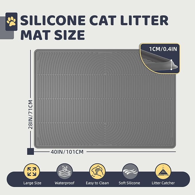 Cat Litter Mat 40"x28" - Soft Silicone & Leak-Proof Large Litter Mat, Non-Slip Cat Litter Trapping Mat for Multiple Cats, Easy to Clean & Durable for All Types (Gray)