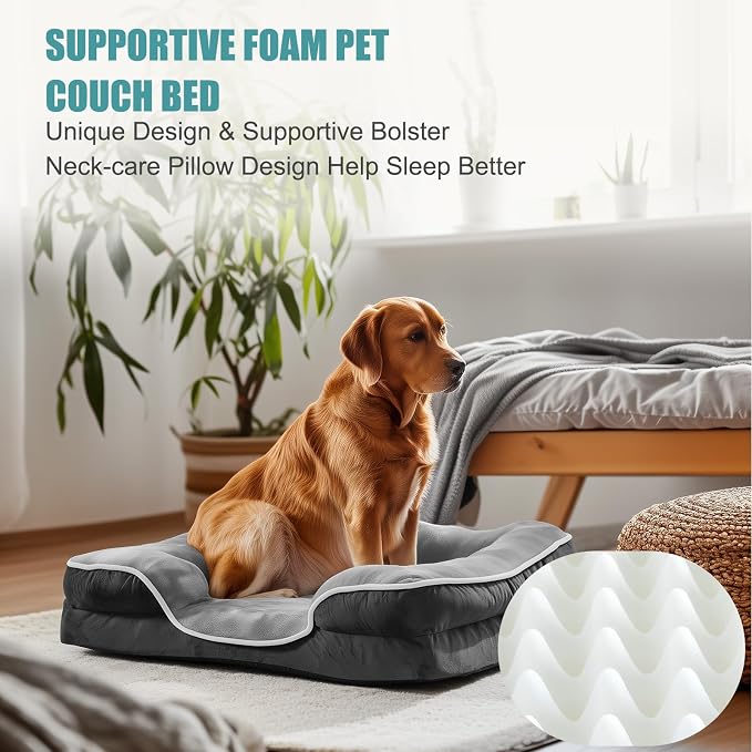DUMOS Orthopedic Dog Beds for Large Sized Dogs, 42x32 in Machine Washable Cover Pet Bed, Anti-Slip Waterproof Memory Foam Couch Bed for Indoor Dogs and Cats, Grey