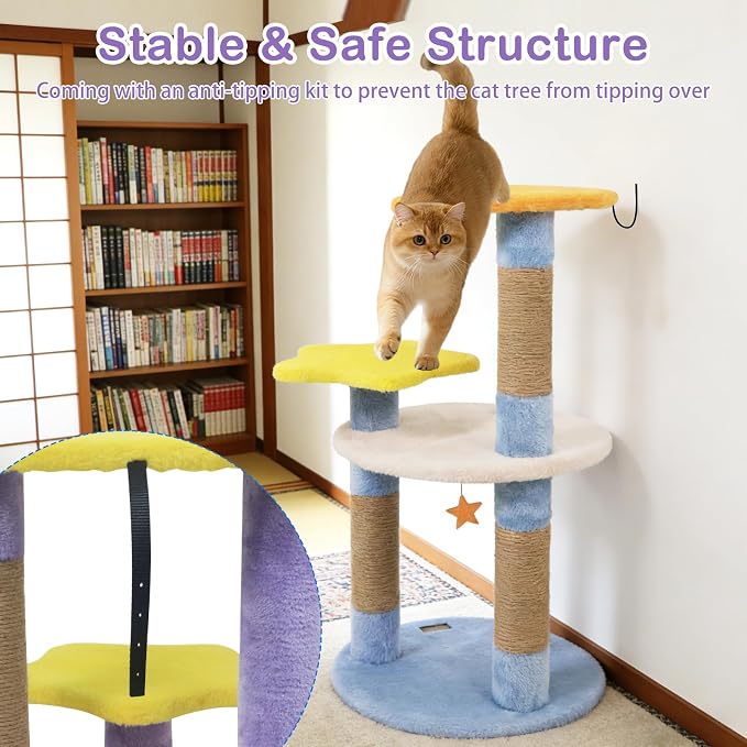 PETSITE 29-inch Cute Cat Tree, Multi-Level Small Cat Tree with Jute Scratching Post, Dangling Toy, Star and Moon-Shaped Perches, Ideal for Indoor Cats (Purple)