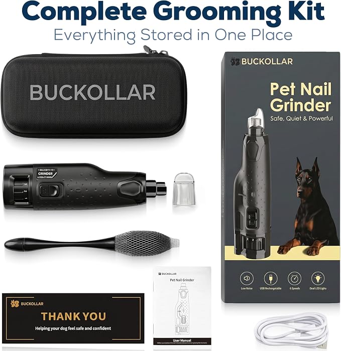 6-Speed Quiet Dog Nail Grinder with LED Light, Low-Vibration Electric Pet Nail Trimmer for Dogs and Cats, Safe Grooming Kit for Beginners, Complete Set with Storage Case
