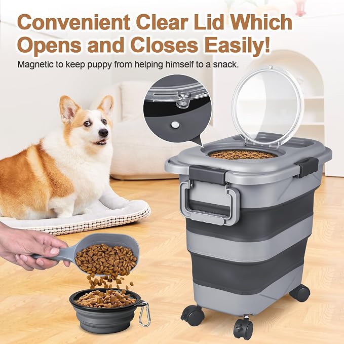 Dog Food Storage Container，23-25 lbs Airtight Collapsible Cat Food Storage Container with Attachable Wheels, Portable Handle, Dog Food Scoop for Dog Cat Bird Pet Dry Food Storage Bin Dark Grey