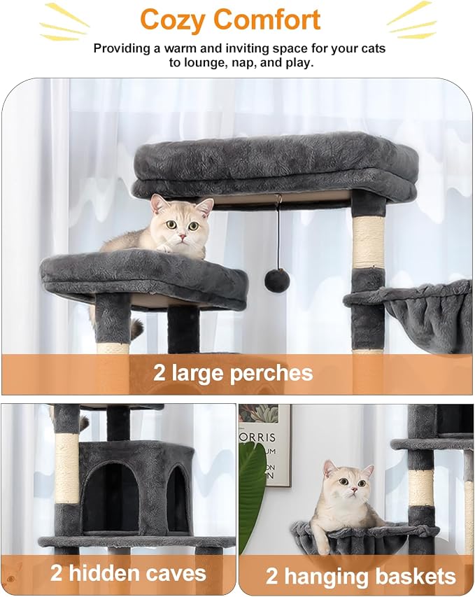 Cat Tree, 81-Inch Tall Cat Tower with Scratching Post, Plush Multi-Level Cat Condo with 2 Perches, 2 Caves, 2 Basket, Hammock for Indoor Cats Grey