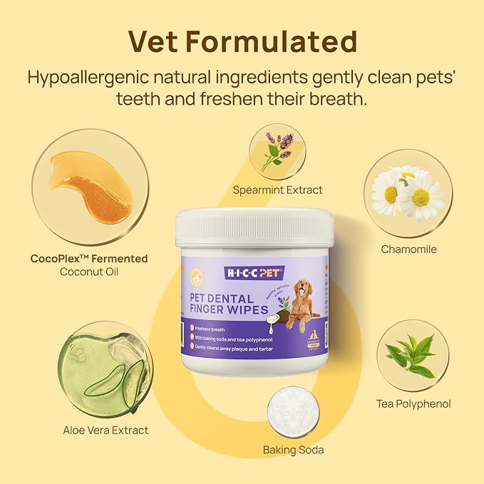 HICC PET Teeth Cleaning Finger Wipes for Dogs & Cats, Daily Oral Care Dental Wipes, Dog Toothbrush Alternative for Teeth & Gum Cleaning, Soft Textured Finger Wipes for Puppies, Adult Dogs & Small Pets