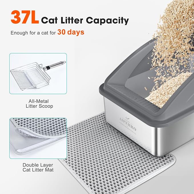 AIPERRO Stainless Steel Litter Box | XL Metal Cat Litter Boxs with Lid | Enclosed High Sided for Big Cats | Anti-Urine Leakage | Non-Stick & Easy to Clean with Litter Mat & Metal Scoop (Dark Gray)