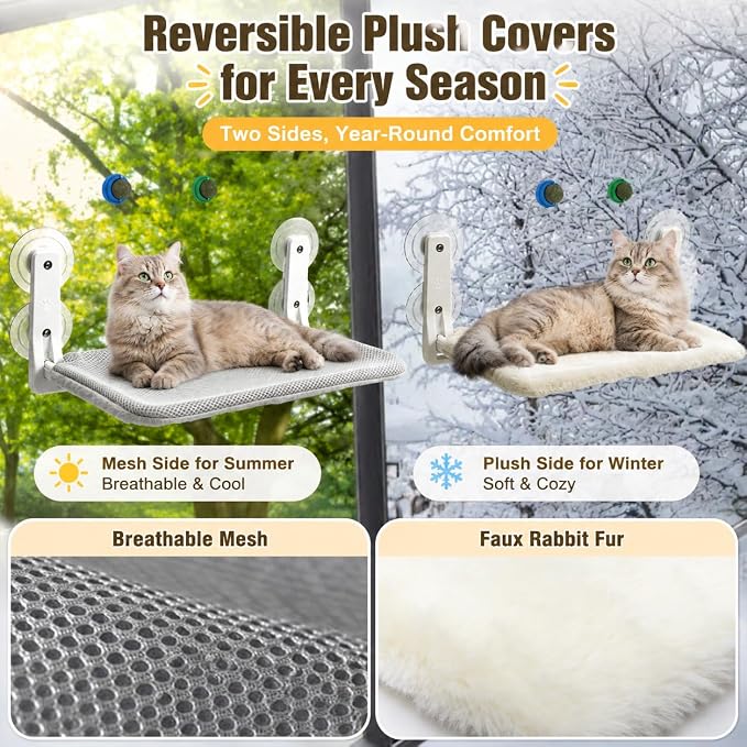 Cat Window Perch Hammock with 2 Washable Plush Covers, Cozy Window Bed for Cats with Catnip Toys, Window Mounted Cat Bed for Indoor Cats to Sunbathe and Relax