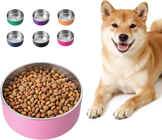 LIHONG Stainless Steel Dog Bowls for Small Medium Sized Dogs Non Slip,Insulated Dog Bowl,Pet Bowl for Food and Water,Rustproof(40oz,Pink)