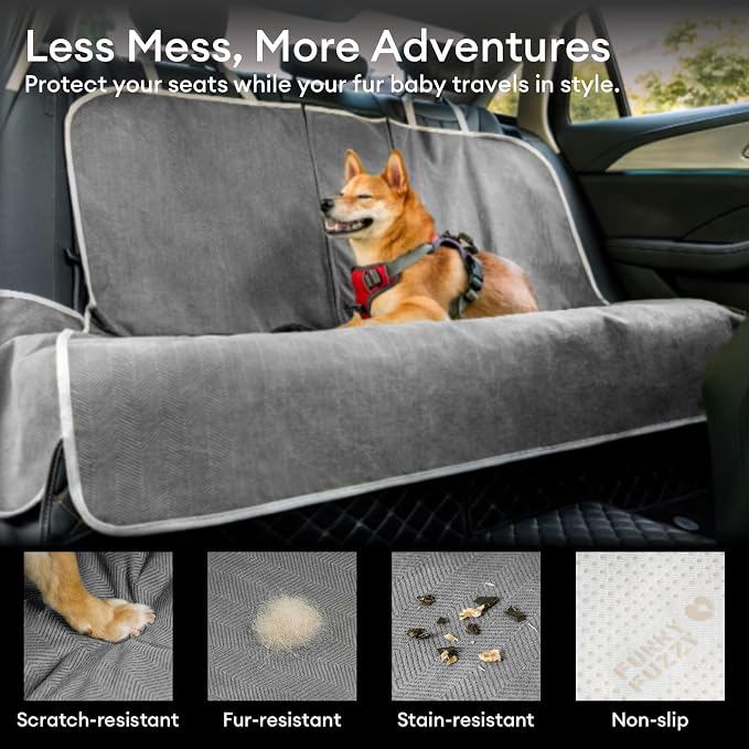 FUNNY FUZZY Dog Car Seat Cover for Back Seat, Back Seat Pet Cover for Dogs Waterproof, Scratchproof Dog Backseat Cover, Non-Slip Bench Car Seat Protector, Universal Fit Most Cars, SUVs, Trucks, Grey