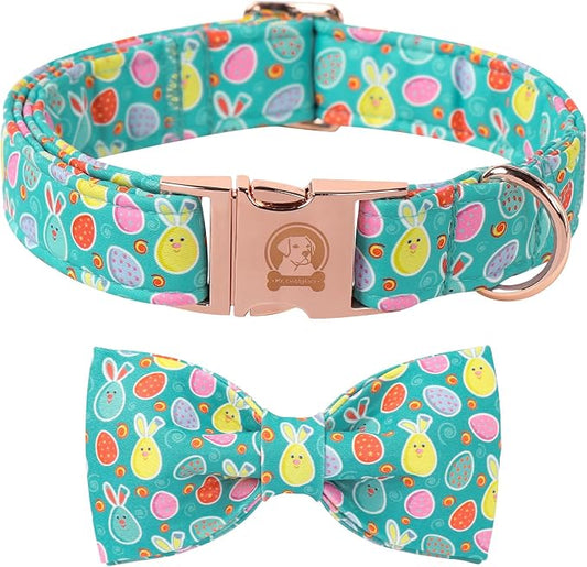 ·MR. CHUBBYFACE· Easter Dog Collar with Bowtie, Eater Bunny Eggs Dog Collars, Soft Durable Adjustable Easter Puppy Pet Collar for Small Medium Large Dog Collar