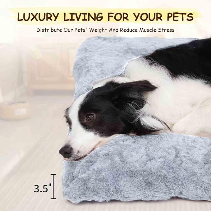 Washable Dog Bed for Small to Large Dogs, Calming Anti Anxiety Medium Dog Bed, Deluxe Plush Faux Fur Crate Beds, Comfy Fluffy Kennel Pad Pet Sleeping Mat with Non-Slip Bottom, 36"x27", Gray