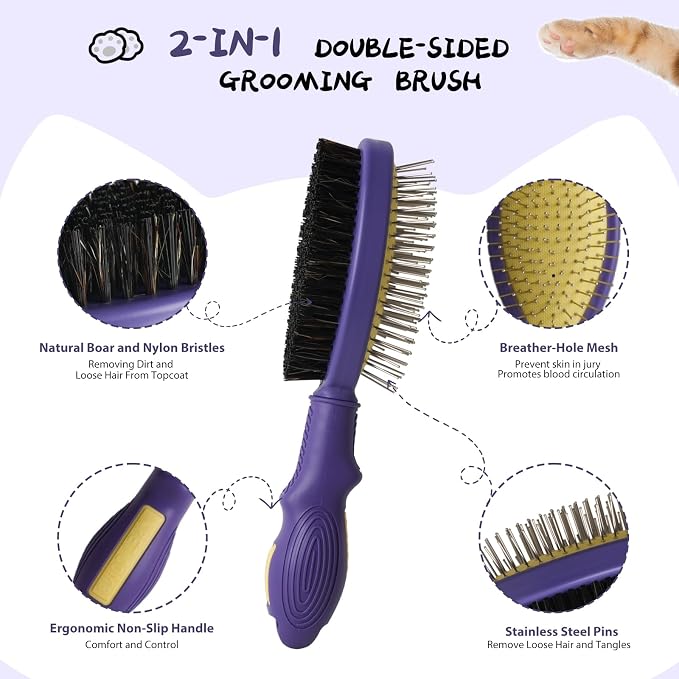 2PCS Pet Grooming and Deshedding Brush Tools | 2-In-1 Double-Sided Dogs Cats Brush for Shedding and Bathing, Pet Shedding Comb for Removes Loose Long and Short Haired