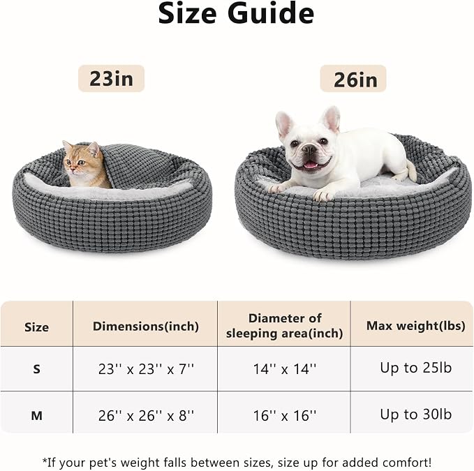 Dog Bed with Attached Blanket for Small Dogs or Cats, Soft Plush Cozy Donut Cuddler Hooded Pet Beds Washable. Round Puppy Bed Orthopedic, Calming Cat Cave Bed. Anti-Slip Bottom 26inch