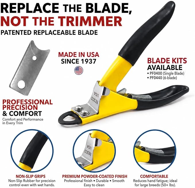 Resco Deluxe Dog Nail Clippers for Large Dogs - Professional USA-Made Guillotine Trimmer - Heavy Duty Steel, Yellow