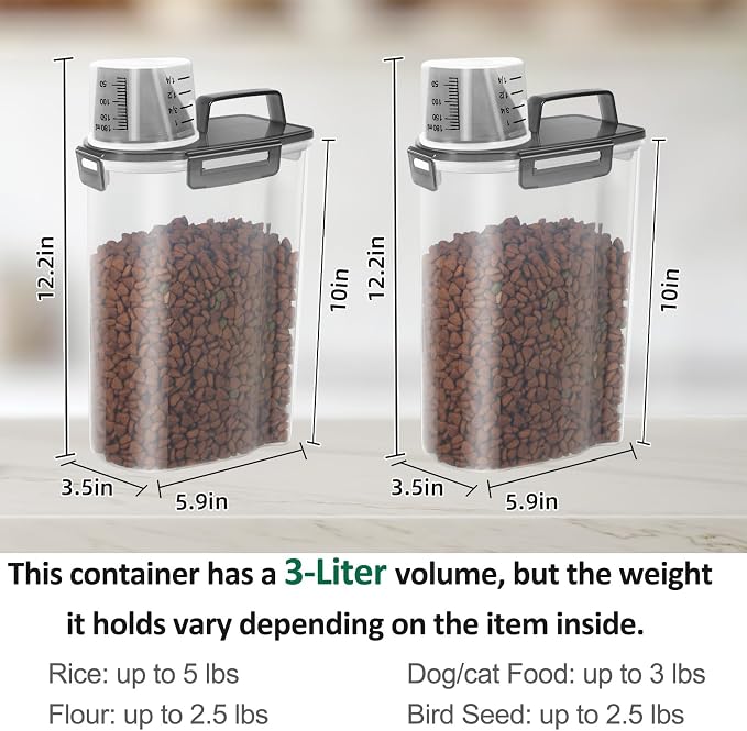 2 Pack 3 Lbs Pet Dog Cat Food Bird Seed Storage Containers for Travel -Grey | Airtight 5 Lbs Rice Dispenser Flour Container Keep Fresh Portable Cereal Oatmeal Holder Large Pour Spout Measuring Cup Handle