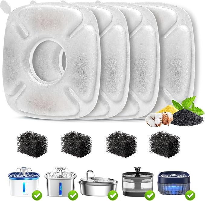 Cat Water Fountain Filter,Pet Fountain Filters Replacement Filters Compatible with Veken 95oz/2.8L Pet Water Fountain,Contains 4 Cat Fountain Filter Replacement and 4 Sponges