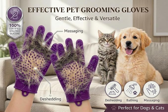 Pet Grooming Gloves for Cats & Dogs – Silicone Hair Removal Glove for Bathing, Shedding & Massage – Gentle Mitt for Long & Short Hair Pets with Drainage System
