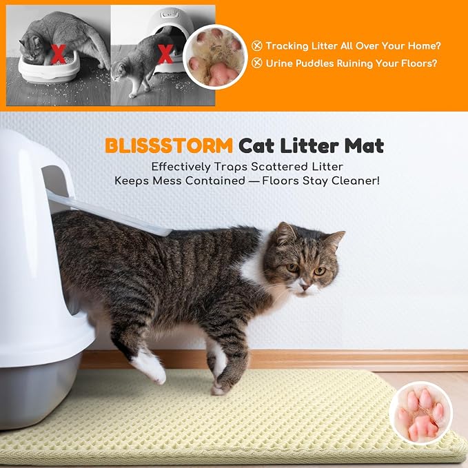 Cat Litter Mat 31"x24",Double Layer EVA Litterbox Mat Cream | Extra Large Honeycomb, Waterproof & non-slip, Odor-free, easy clean, washable durable floor protector,scatter control