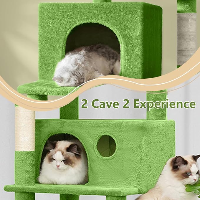 68 Inches Multi-Level Large and Tall Cat Tree Tower for Indoor Cats/Removable Pad/Cat Condo/Sisal Scratching Posts/Hammock/Cat Activity Center/Wide Base Green