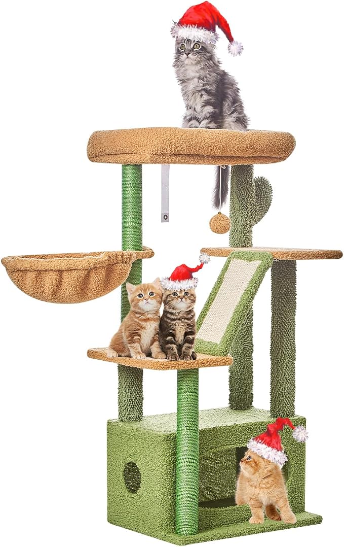 Taoqimiao Cactus, Cat Tree, 38.5In Cat Tower for Indoor Cats, for Kittens | Thick Padded Top Perch, Luxurious Cat Condo, Adjustable Basket, 1-Piece Ramp Scratcher, 3 Natural Sisal Posts, MS029ST