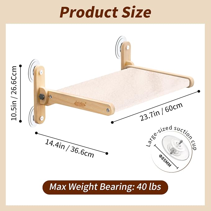 LuLu's World Foldable Large Cat Window Perch,Wooden Frame 23.7"×14.4" Beige | Soft berber fleece cover,washable fabric,strong suction cups,no drilling,space saving,easy to disassemble,breathable and warm