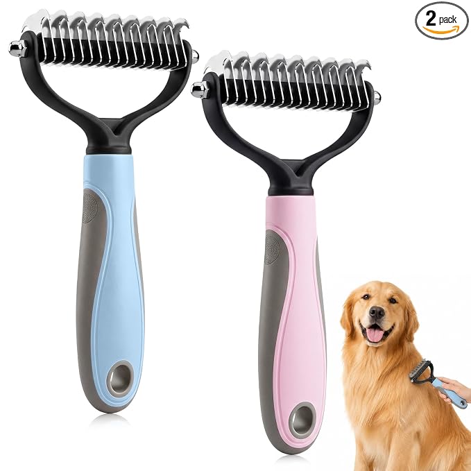 2Pcs Pet Grooming Brush, Pet Knotter Dog Grooming, Deshedding Dog Brush Removes Tangles Knots and Loose Fur, Pets Knotting Comb, Pe t Pro Double Sided Shedding Brush (Blue+Pink)