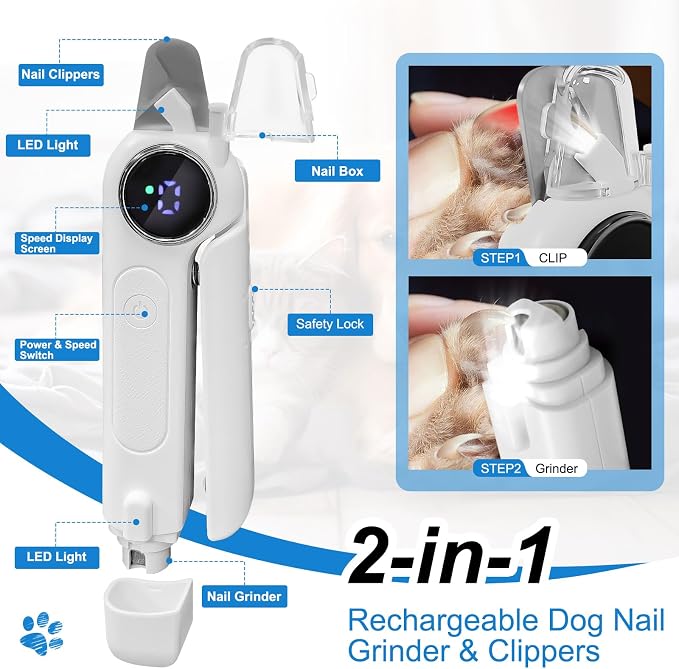 2-in-1 Dog Nail Clippers & Grinder with LED Light, Quiet Electric Pet Nail Trimmer for Small Medium Large Dogs & Cats, 3 Speeds, USB Rechargeable, Quick Sensor, Safety Lock & Splash Guard (White)