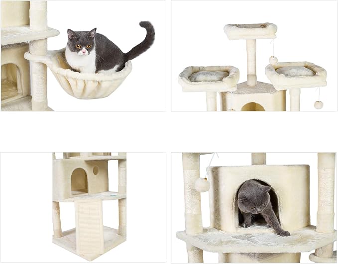 Hey-brother Cat Tree Tower with Multi-Level Large Condo, Platform, MPJ032M | 73.4 Inch Cat Tower with 3 Caves, 3 Cozy Perches, Scratching Posts, Board, Activity Center Stable for Indoor Cats, Beige