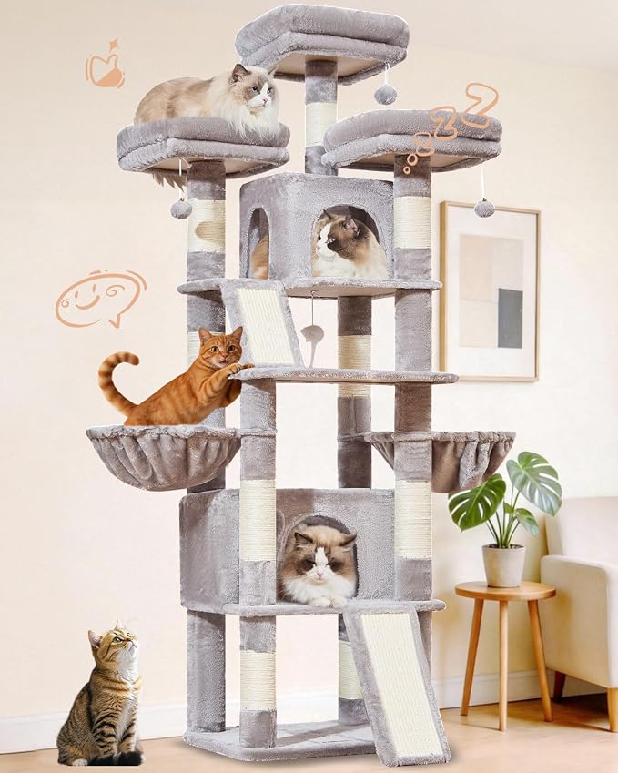 Taoqimiao Cat Tree for Large Cats, 76.8 Inches XL Cat Tower for Indoor Cats | 2 Scratch Boards, 3 Top Perches, 9 Scratching Posts, Multi-Level Cat Tree with 2 Condos, 2 Cozy Basket, Light Gray, T20W