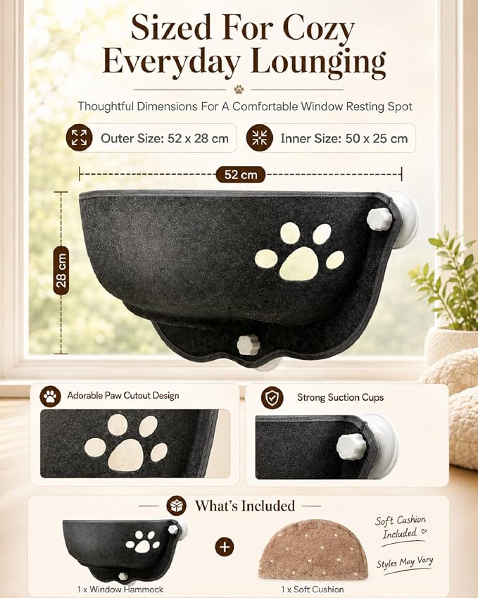 Cat Window Hammock, Suction Cup Bed for Home and Car Travel with Soft Pad | Floating Window Seat for Cats, Portable Hanging Rest Mat Sunbathing, Indoor Lounge and Vehicle Use