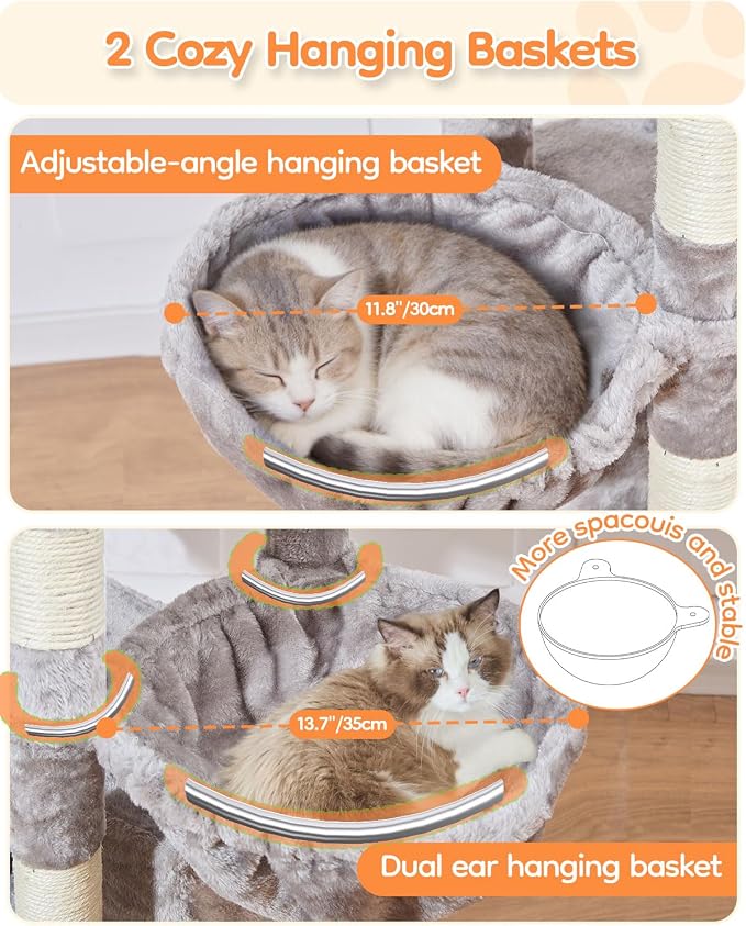 Taoqimiao Heavy Duty Cat Tree, 73In Sturdy Cat Tower for Large Cats 25lbs+ | 2 Widen Condos, Enlarged Sleeping Platform, 9 Scratching Posts, 2 Cozy Baskets, Cat Toys, Light Gray, F30W