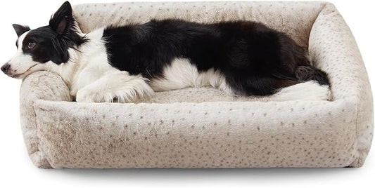 JOEJOY Dog Bed Medium Size Dog, Removable Washable Cover Orthopedic Soft Pet Bed, Anti-Slip Fluffy Plush Faux Rabbit Fur Puppy Bed, 30"x24"x8", Leopard Print, Beige