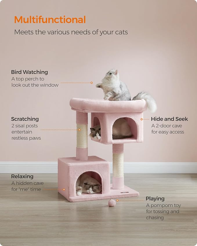 Feandrea Cat Tree, 33.1-Inch Cat Tower, Plush Condo for Large Cats up to 16 lb, Large Perch, 2 Caves, Scratching Post, Jelly Pink UPCT061P01