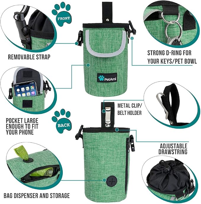 PetAmi Dog Treat Pouch, Large Hands-Free Training Bag, Green | Built-In Poop Bag Dispenser, Holds 3 Cups Of Treats, 4 Ways to Wear, D-Ring, Reflective Strap, Dog Treat Bag for Walking