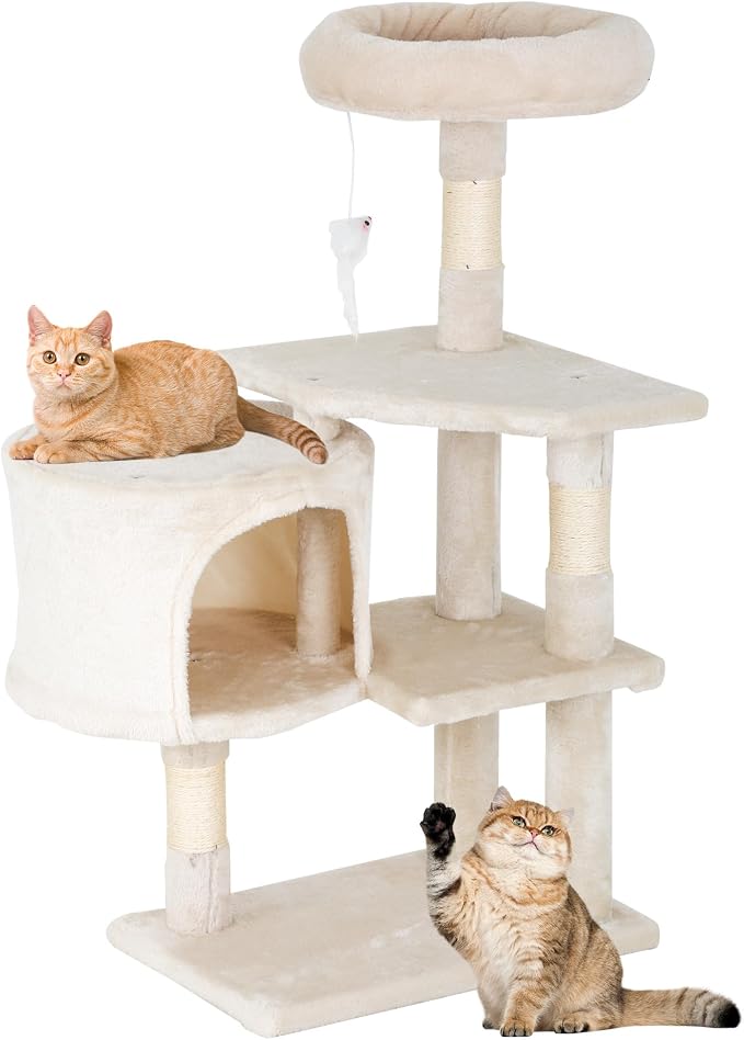 FDW | 36" Cat Tree Tower | Beige | Multi-Level Indoor Activity Center | with Sisal Scratching Posts, Condos, Plush Perches, Hanging Cat Toys | Sturdy, Easy to Assemble | for Kittens & Adult Cats