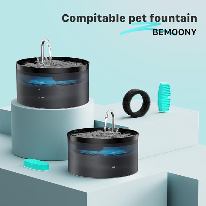 BEMOONY Cat Water Fountain Filters : Pet Water Fountain Replacement Filter | 24 Packs of Cat Fountain Filters (12 Carbon Filters + 12 Sponges) - Multiple Filtration Please replace it every 2-3 weeks