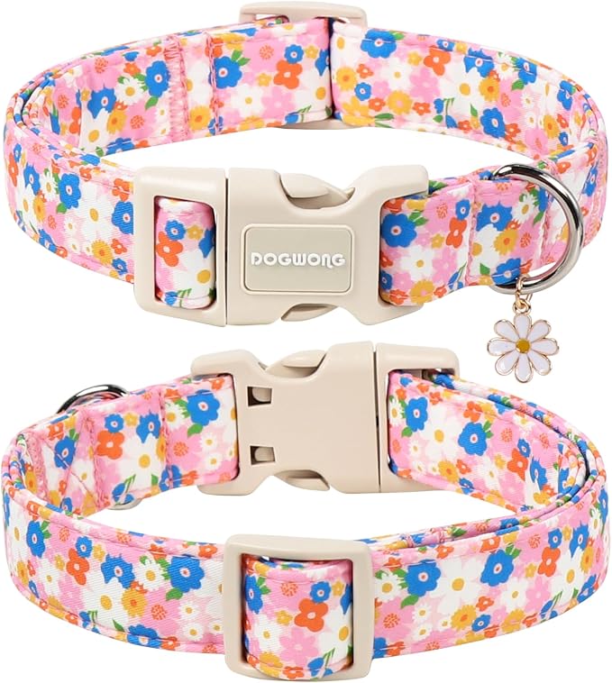 DOGWONG Pink Floral Dog Collar, Spring Summer Pretty Cute Girl Dog Collar,Girl Female Dogs Collars for Medium Lrage Dogs, Neck 39-60 inches
