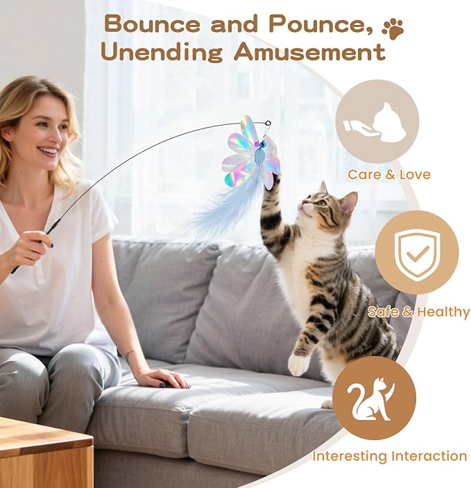 Pawaboo Feather Teaser Cat Toy, Interactive Feather Wands Cats Toy Flying Feathers Cat Catcher with Extra Long 34.5" Wand and Small Bell, Exerciser Playing Toys, 1 Wand + 6 Feathers, Colorful