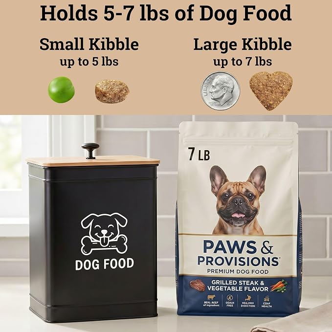 Metal Dog Food Container 5-7lb, 25 Cup w/ Airtight Bamboo Lid, Metal Handle | Pet Jar For Dogs up to 50lbs, Airtight Bamboo Lid, Sturdy Comfortable Metal Handle, Powder Coated Iron, Kibble Storage Bin