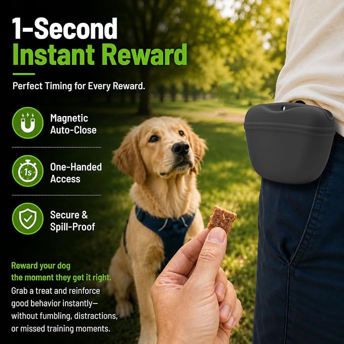 AUDWUD Silicone Dog Treat Pouch with Clicker Magnetic Closure Secure Clip | Upgraded clip keeps your treat pouch secure during training.Magnetic closure allows fast one hand access.Includes dog click