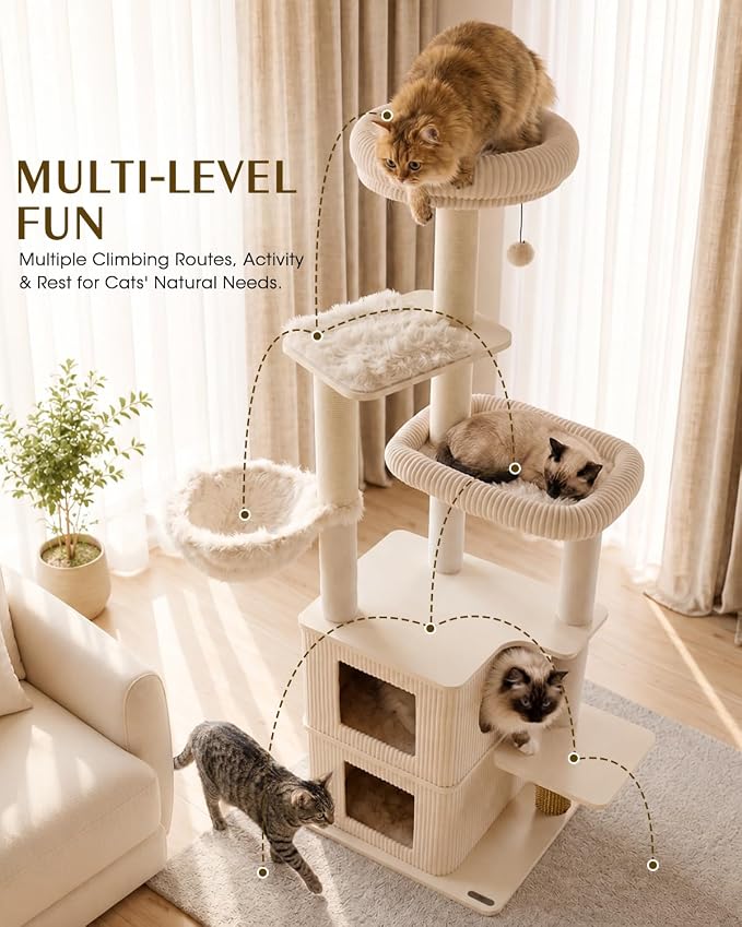 63" Heavy Duty Cat Tree, Modern Cat Tower with Double Large Condos | Modern Cat Furniture, Sturdy Cat Tree Tower, Indoor Scratching Post, Plush Top Perch, Double Cozy Cat Condo