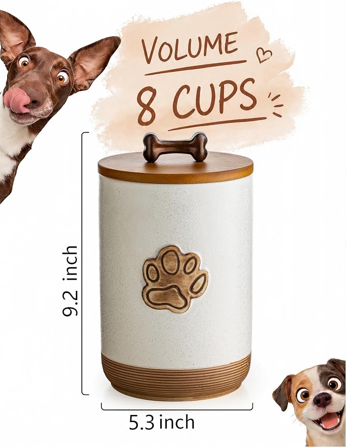 Miamolo Dog Treat Container, Airtight Dog Food Storage Container with Lid and Handle, Ceramic Pet Food Storage Jar for Kitchen Counter Farmhouse Dog Biscuit Jar, Dog Lovers Gift, Paw Glinting White