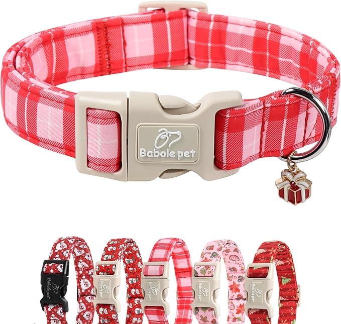 Plaid Dog Collar - Cute Red and Pink Plaid Puppy Collar with Safety Buckle, Soft Adjustable Holiday Dog Collars for Small Medium Large Dogs XL