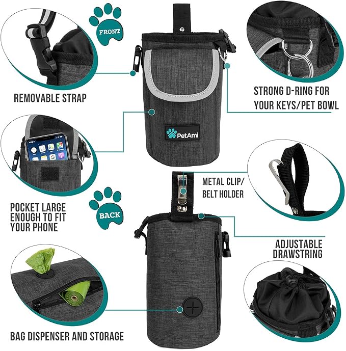 PetAmi Dog Treat Pouch, Large Hands-Free Training Bag, Charcoal | Built-In Poop Bag Dispenser, Holds 3 Cups Of Treats, 4 Ways to Wear, D-Ring, Reflective Strap, Dog Treat Bag for Walking