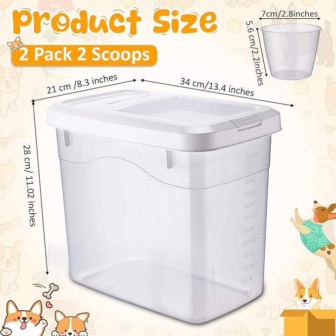 2 Pack 20 Lbs Airtight Dog Food Storage Container with Scoops | 2 Measuring Cups, Flip Lids, Clear Bins with Markings, Preserve Freshness, Pet Dog Cat Rice Grain Treat Storage