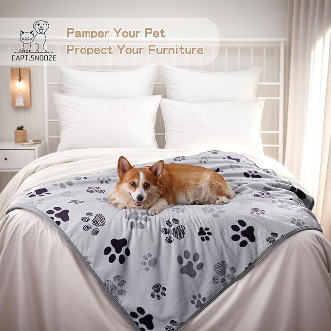 Waterproof Dog Blankets Pet Blanket, 30"x40" Cat Blanket for Indoor Cats, Soft Fluffy Sofa Car Bed Protector, Reversible Sherpa Fleece Puppy Blanket for Small Medium Dogs(Light Grey-Paws)