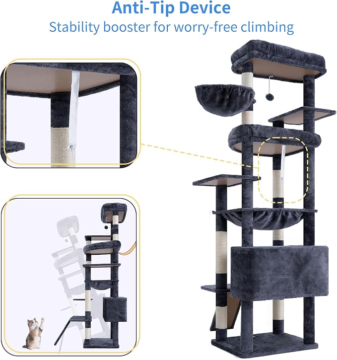 Heybly Tall Cat Tree for Large Cat, 80-inch Multi-Level Cat Tower HCT038G | Condo Furniture for Indoor Cats with Large Baseboard, 2 Widened Plush Perches, Scratching Board, Big Caves, Smoky Gray