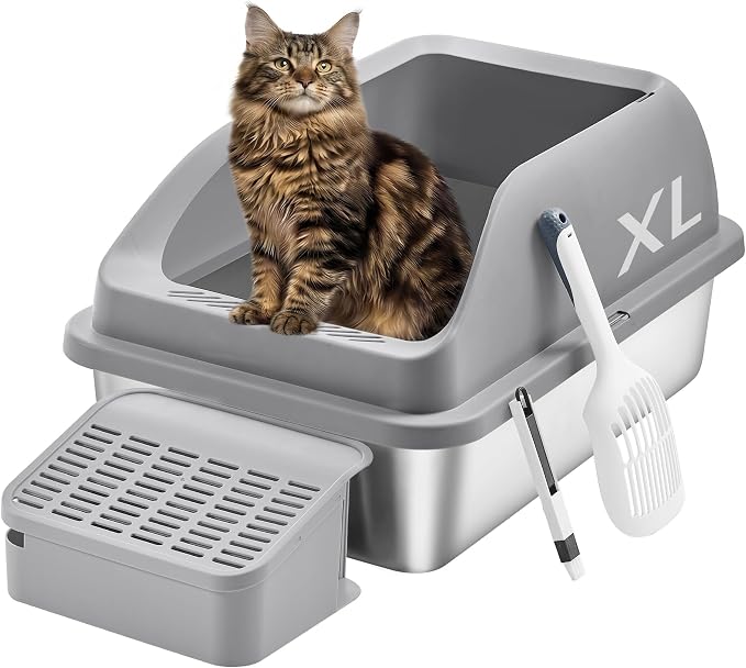 Feandrea Stainless Steel Cat Litter Box with Open Top, High Sided Litter Tray with Step, Scoop, Brush, for Cats up to 33 lb, Dove Gray UPPT008GN01